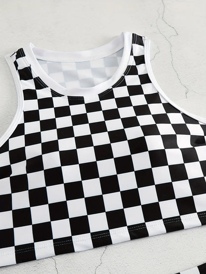 Women's black and white checkerboard print backless racing swimsuit with suspender straps