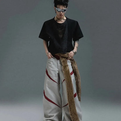 Men's loose fit black t-shirt with a hollow-out V-neck collar and tassel detail on short sleeves.