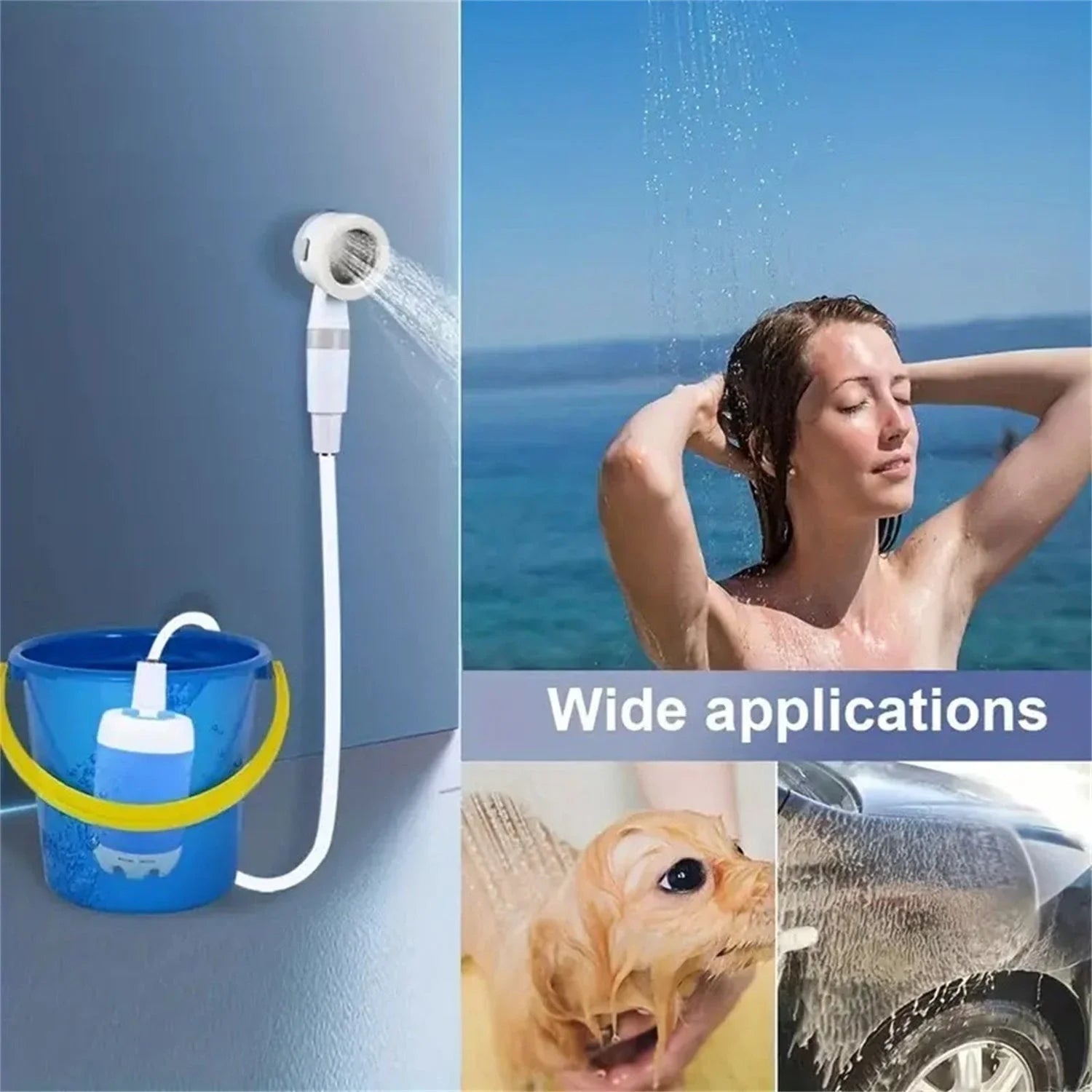 Rechargeable portable outdoor shower with adjustable water flow and spray settings for camping, hiking, and travel
