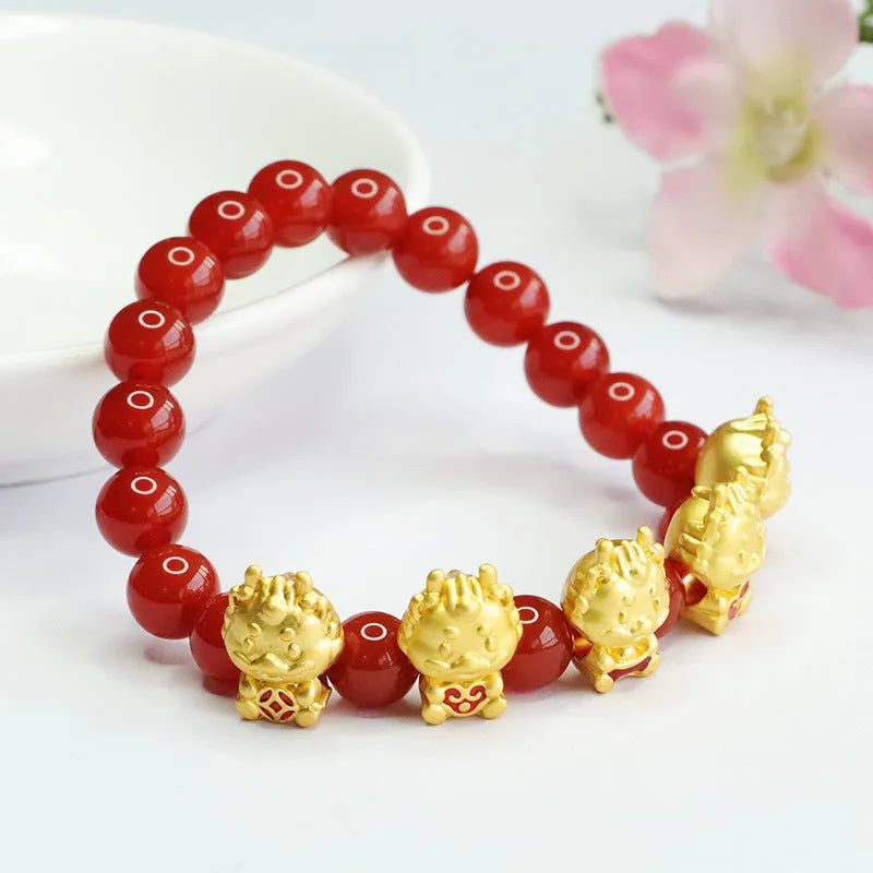 Red agate Five Blessing Dragon bracelet with 8mm beads in Chinese style