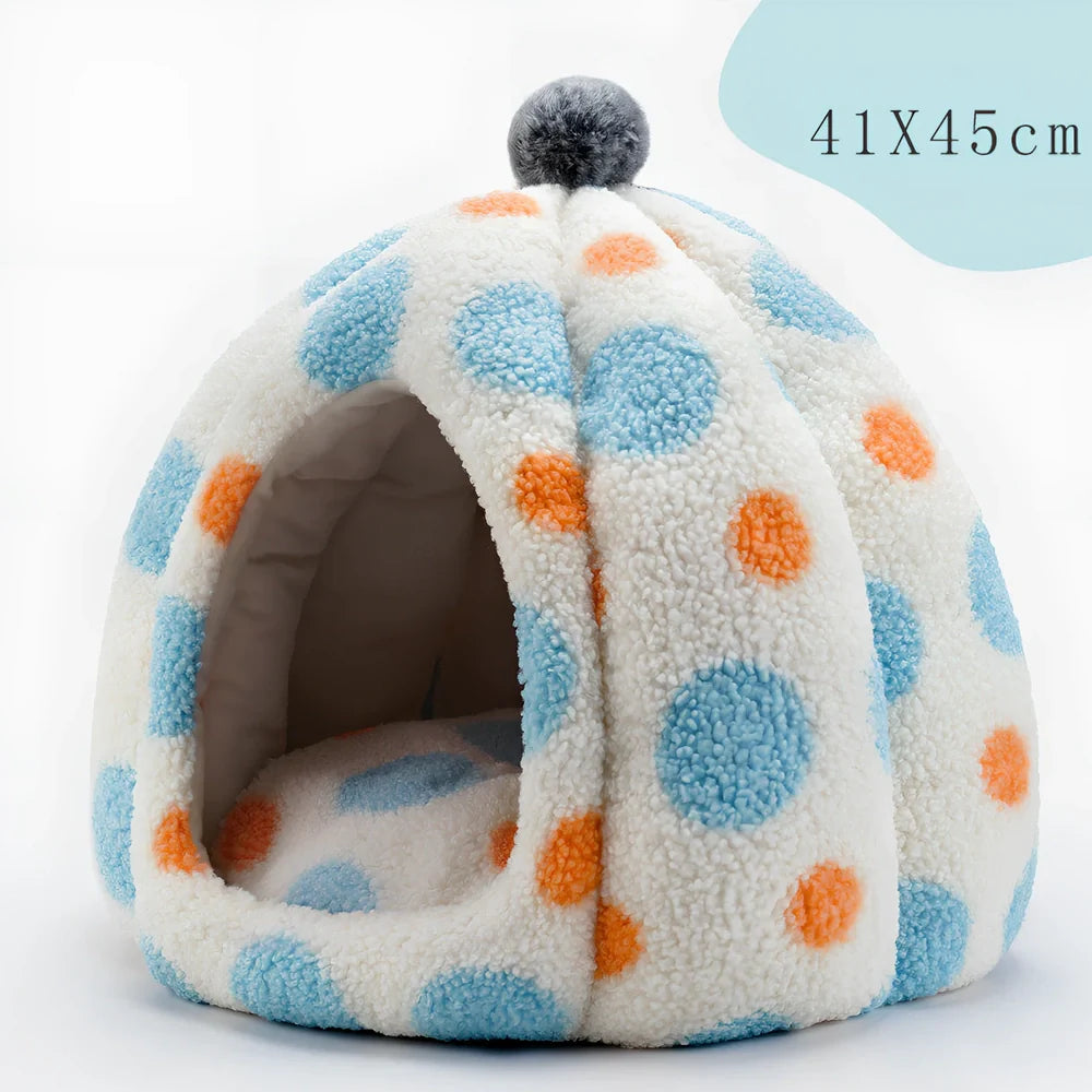 Yellow teddy velvet cat nest with 41cm diameter and raised sides for secure sleeping