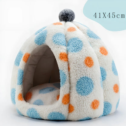 Yellow teddy velvet cat nest with 41cm diameter and raised sides for secure sleeping