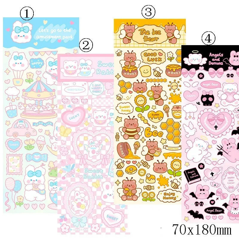 Assorted colourful cartoon PVC waterproof stickers on a sheet for notebook and planner decoration.