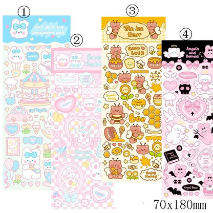 Assorted colourful cartoon PVC waterproof stickers on a sheet for notebook and planner decoration.