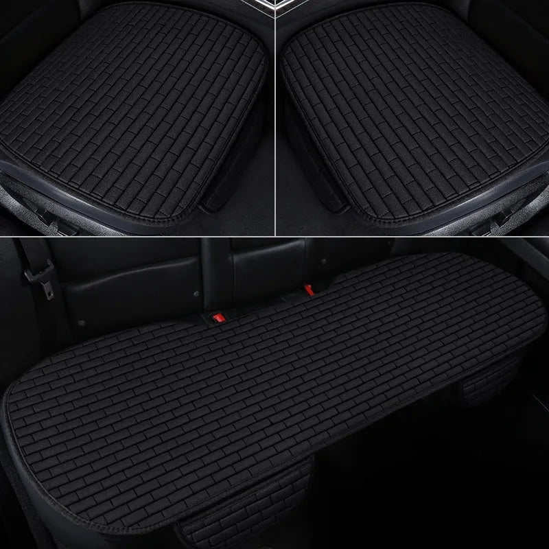 Linen car seat cushion three-piece protective pad with ventilation and sponge filler in black, black and red, grey, brown, or beige