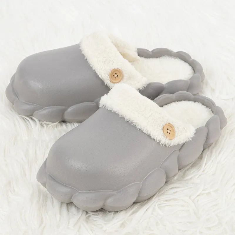 Waterproof EVA winter slippers with plush lining, detachable overshoes in pink, yellow, green, grey, black.