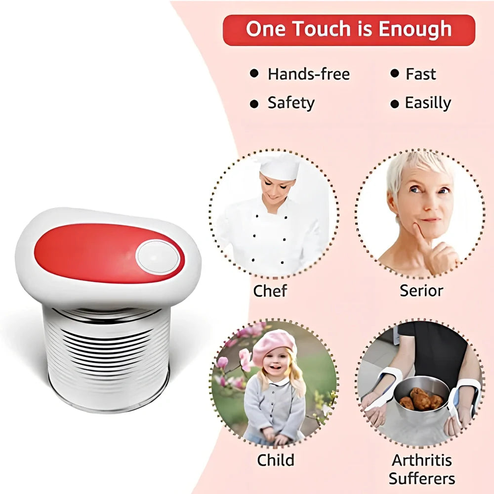 Red electric can opener with plastic construction measuring 14cm long with automatic operation