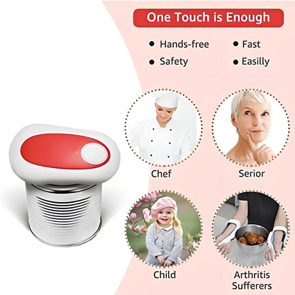 Red electric can opener with plastic construction measuring 14cm long with automatic operation