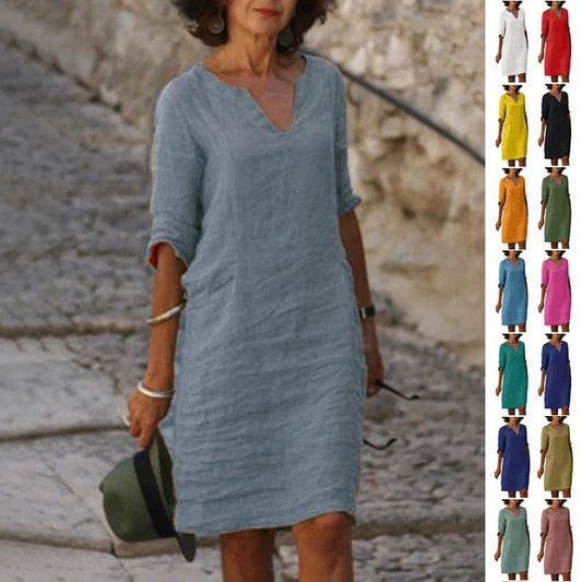 Retro cotton and linen V-neck dress with high waist and summer stitching in various colors