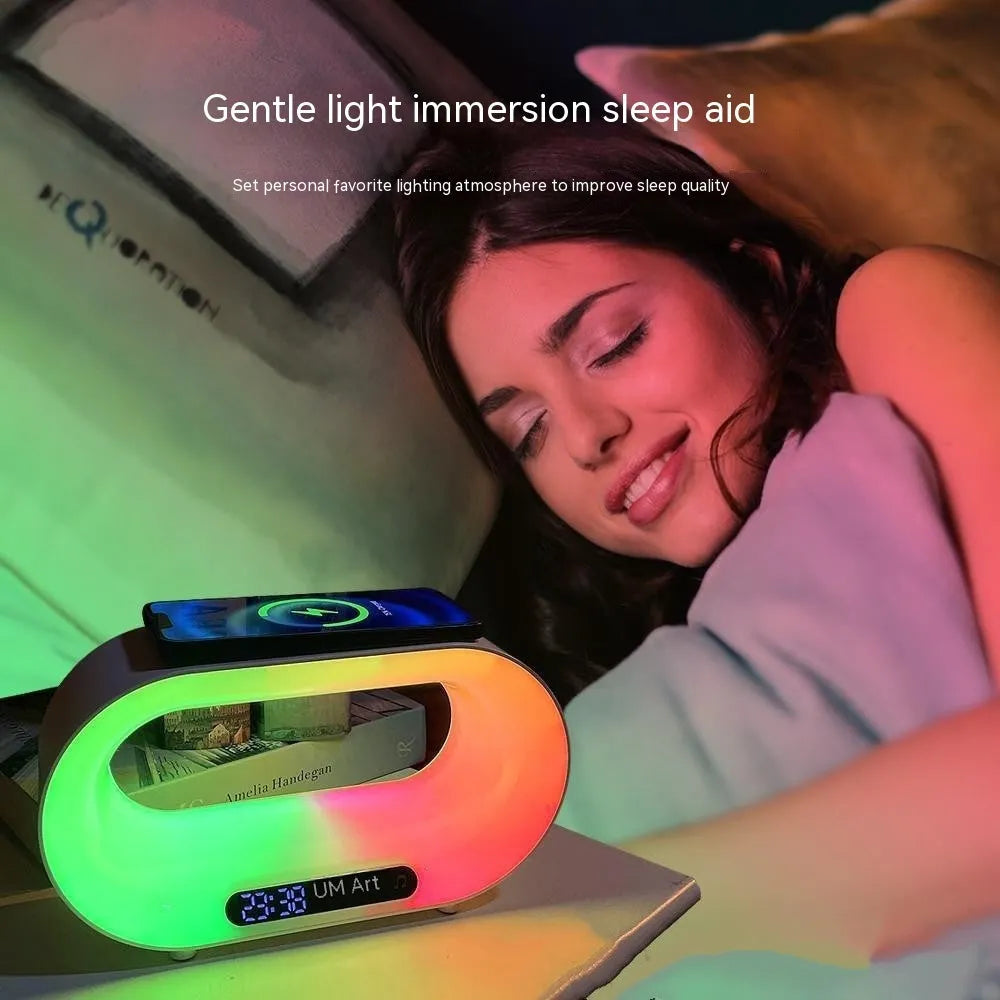 White smart bedside lamp with wireless charging pad, LED lighting, and digital alarm clock display