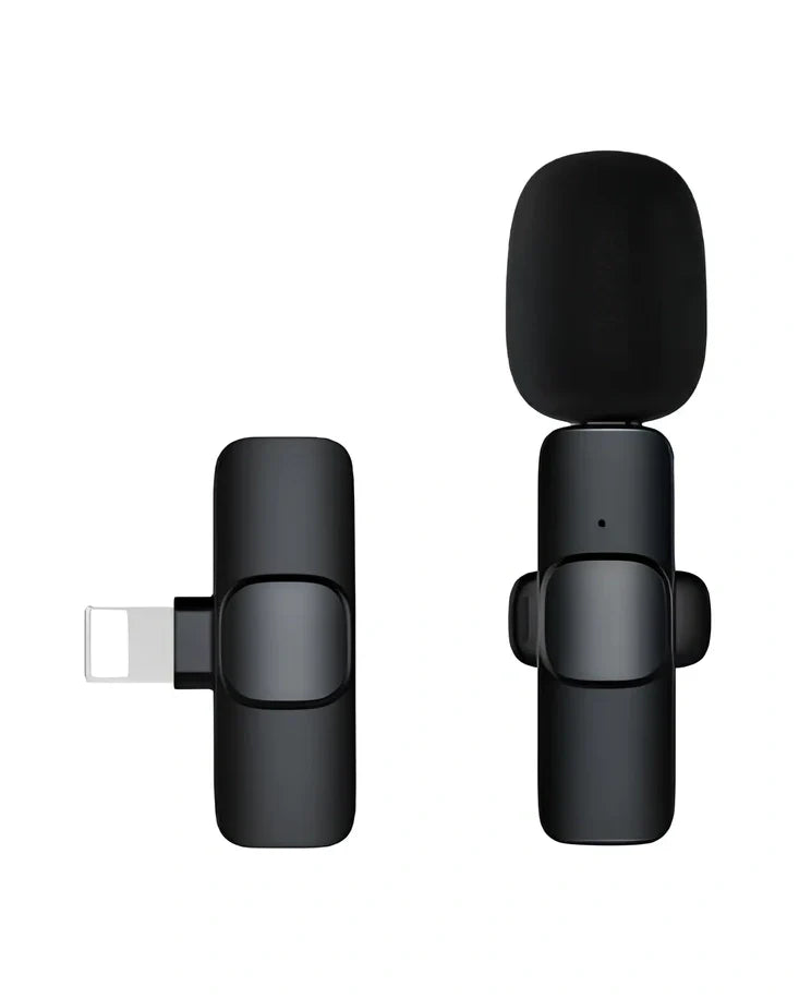 Wireless lavalier microphone with clip showing compact 130x90x25mm dimensions and multiple interface connectors