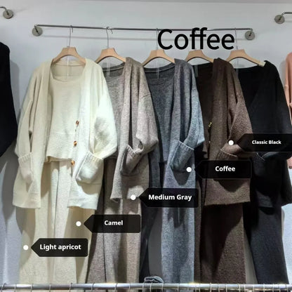 Women's knit cardigan suspender pants three-piece set in light brown wool blend fabric with seamless design