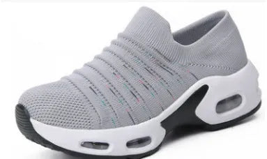 Women's fly-knit stretch socks shoes in dark blue with mesh upper and low heel