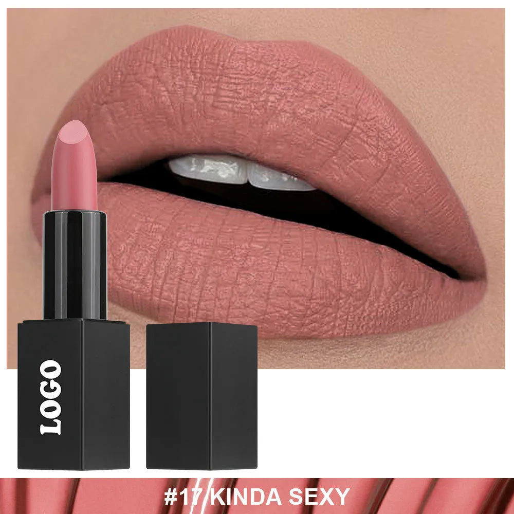 Beauty Does Not Fade matte finish lipstick in nonstick cup packaging, showing range of 24 colour shades.