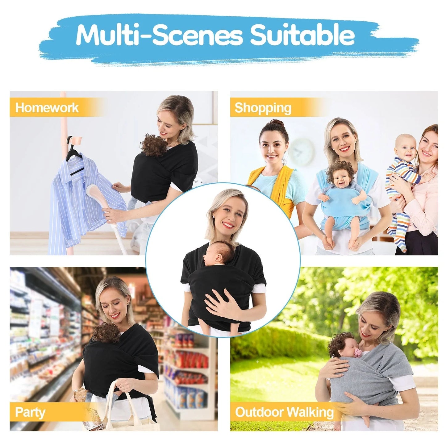 Multi-functional baby carrier wrap in various colors for front and back carrying
