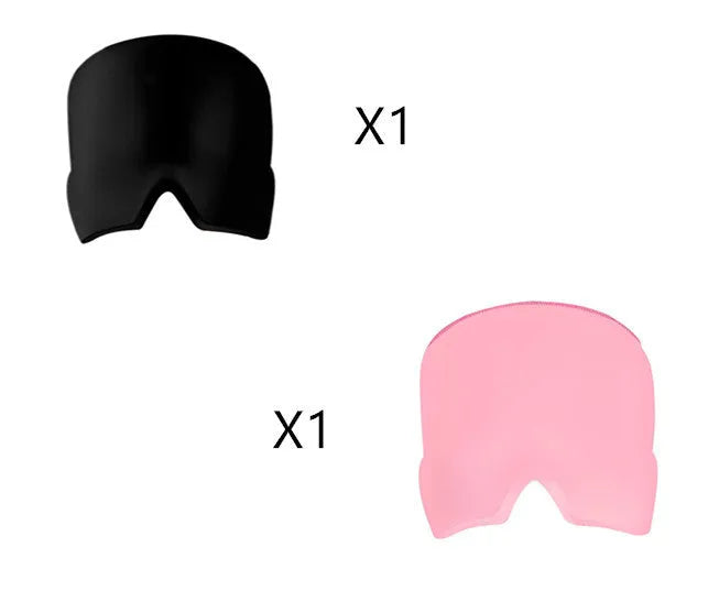 Black elastic cooling gel eye mask for headache relief placed on a forehead.