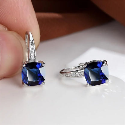 Square zircon inlaid ear hook earrings with geometric design and electroplated finish in golden tone