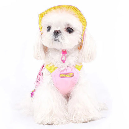 Pink polyester pet vest for small dog breeds on mannequin showing adjustable design