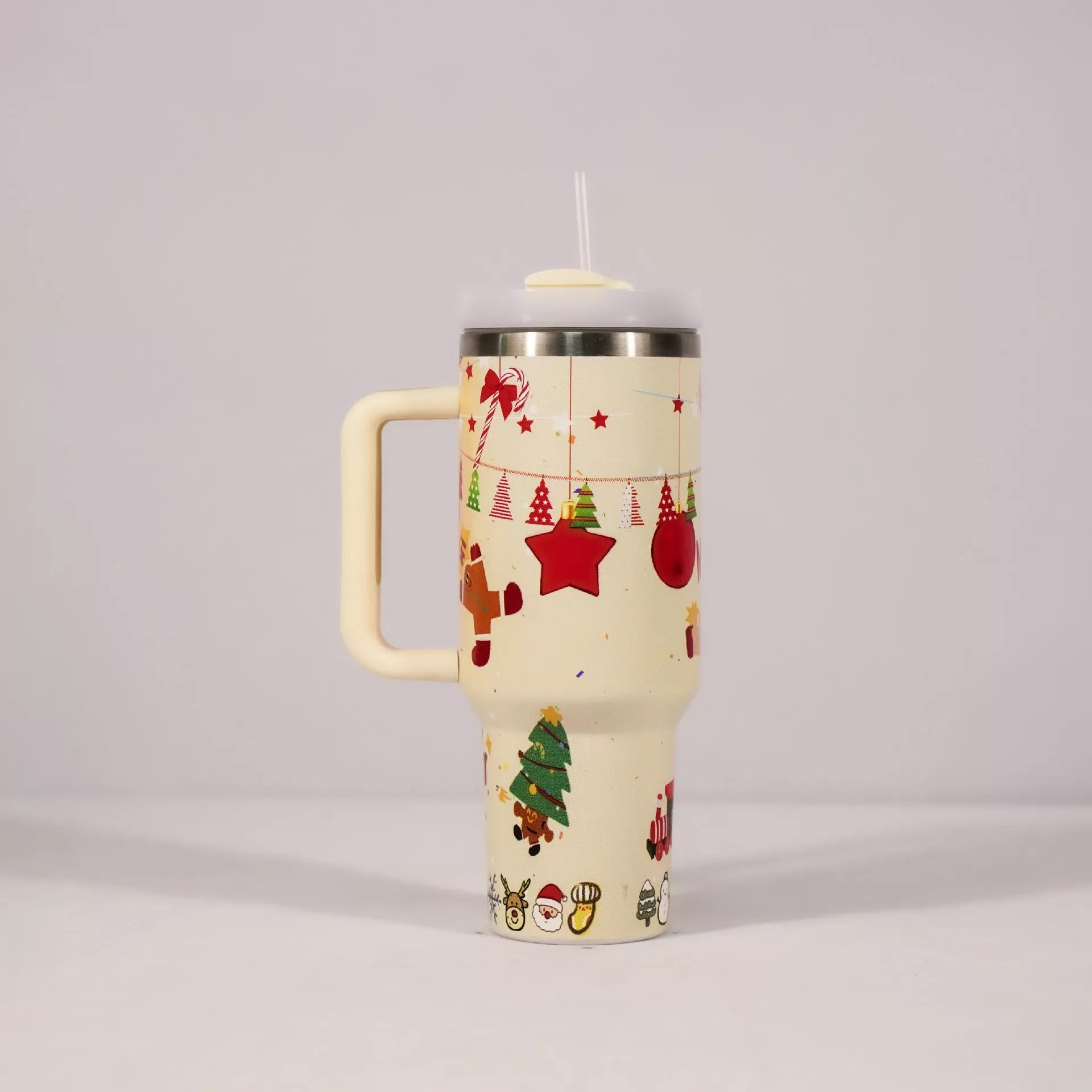 Christmas pattern stainless steel vacuum tumbler with handle and straw