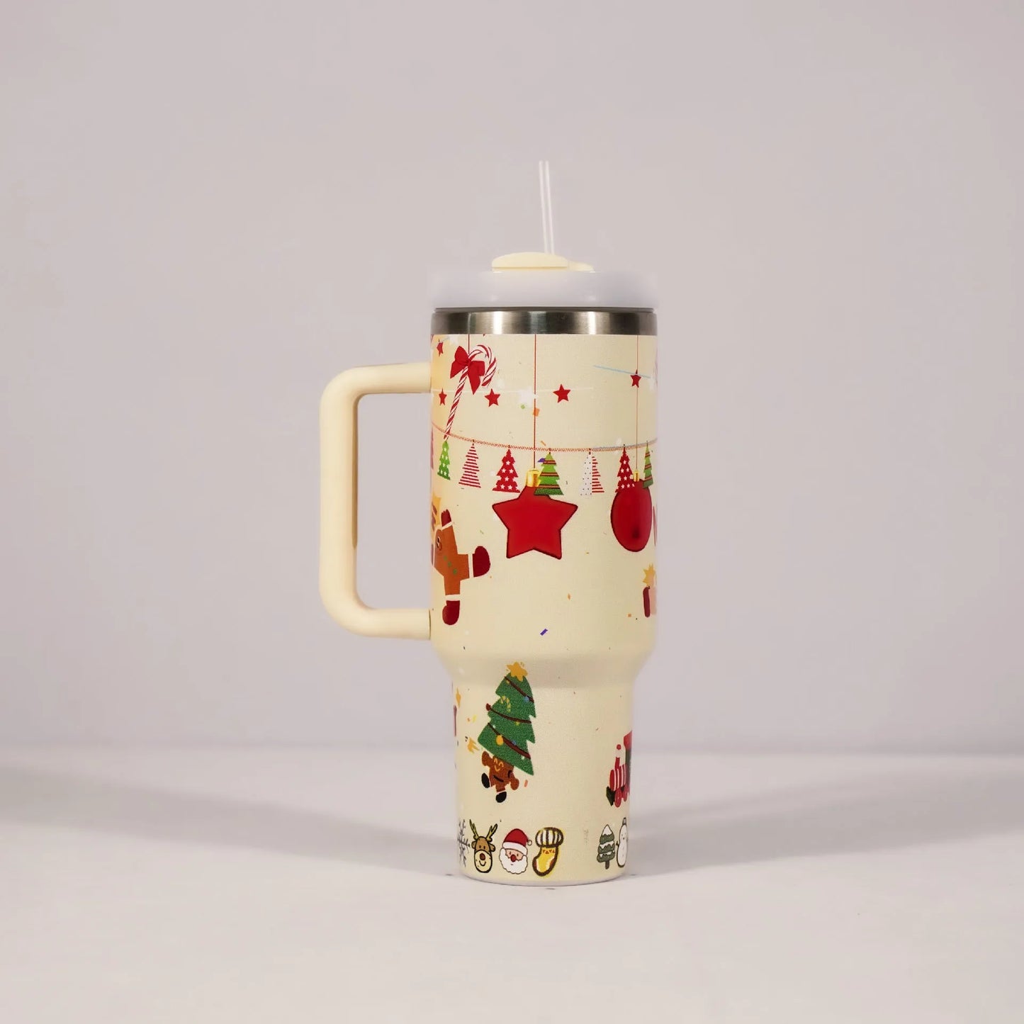 Stainless steel travel tumbler with handle, 1200ml capacity, Christmas pattern design, car cup holder compatible