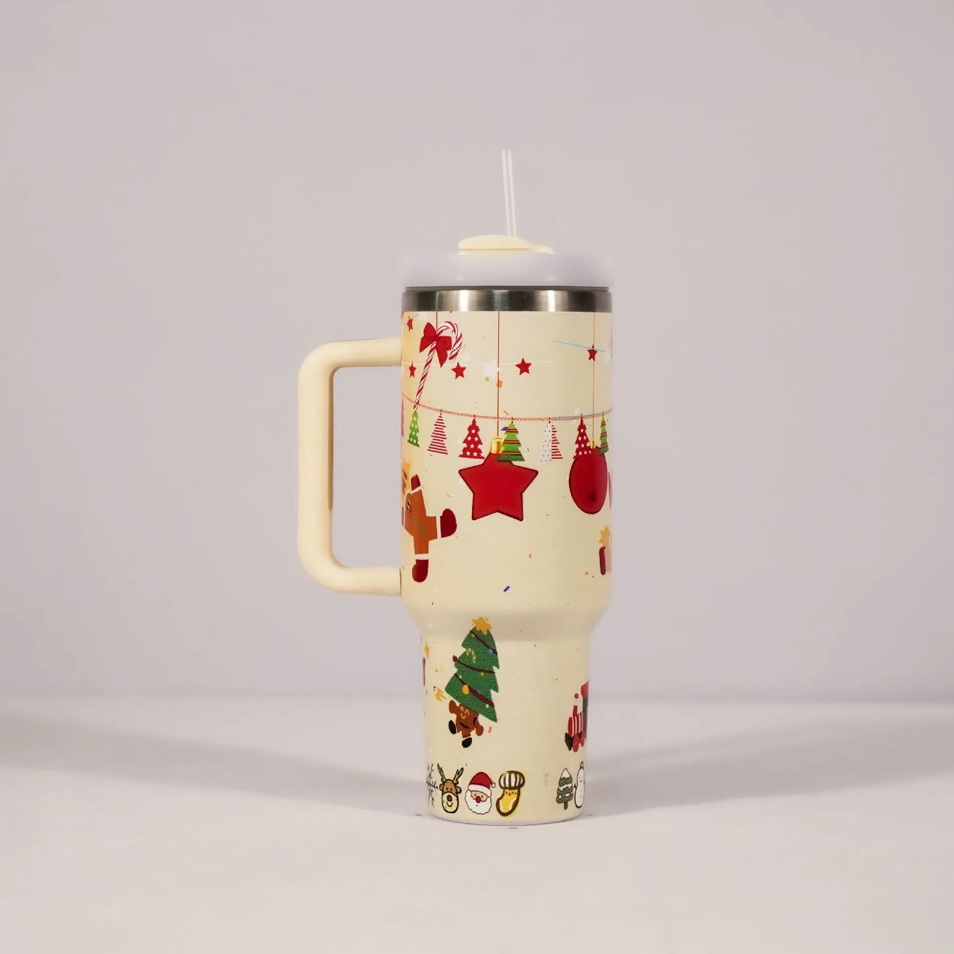 Stainless steel travel tumbler with handle, 1200ml capacity, Christmas pattern design, car cup holder compatible