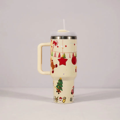 Stainless steel travel tumbler with handle, 1200ml capacity, Christmas pattern design, car cup holder compatible