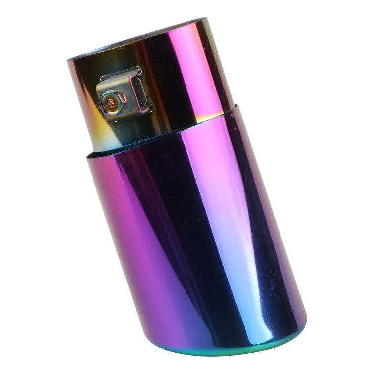 Stainless steel car exhaust tailpipe in straight and curved styles with baked blue, silver, and colourful finishes.