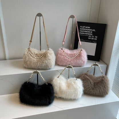 Stylish women's pearl chain crossbody bag in various colors for autumn and winter fashion