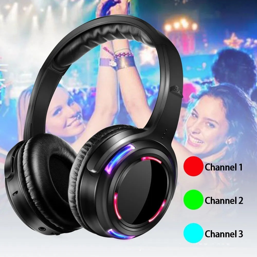 Black silent disco wireless headphones with head-mounted design showing 40mm drivers and 3.5mm plug connection
