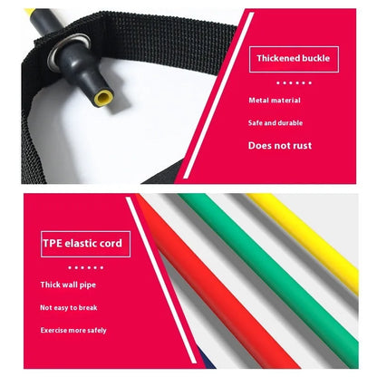 Adjustable chest expander with colour-coded TPE tension rope showing 10LB to 30LB resistance options