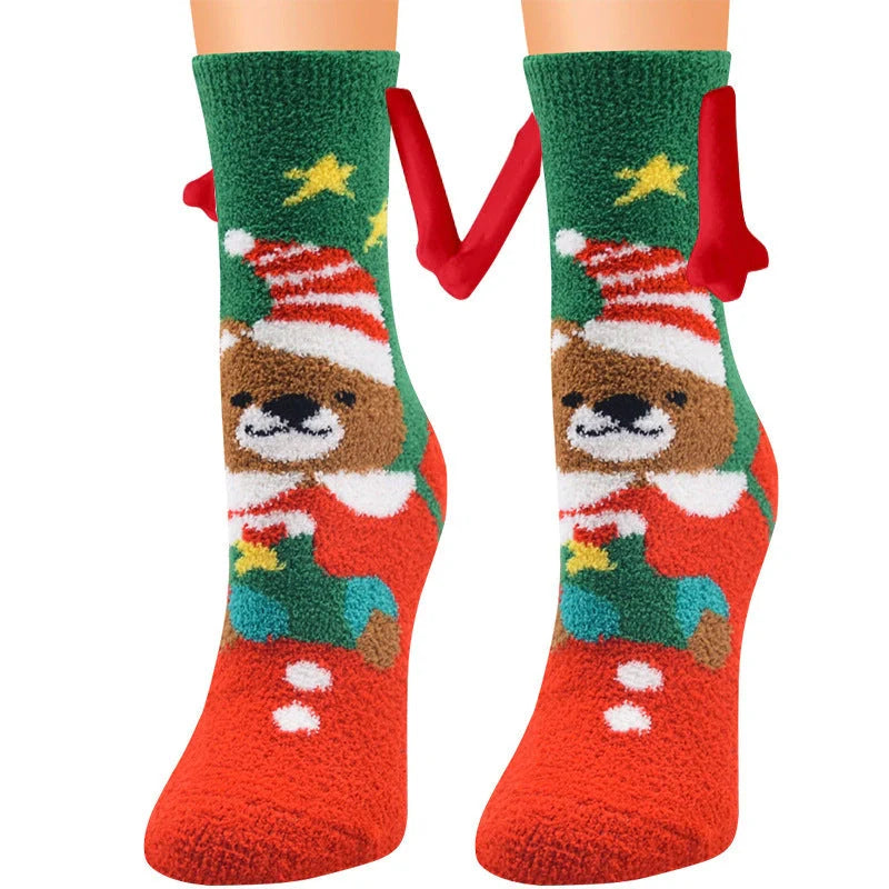 Christmas couple socks with magnetic connection feature and 3D animal patterns