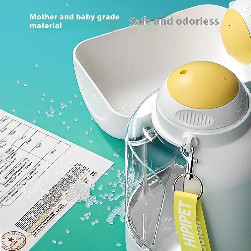 Portable 2-in-1 dog and cat water bowl with food container, available in white, yellow, and grey colors