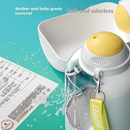 Portable 2-in-1 dog and cat water bowl with food container, available in white, yellow, and grey colors