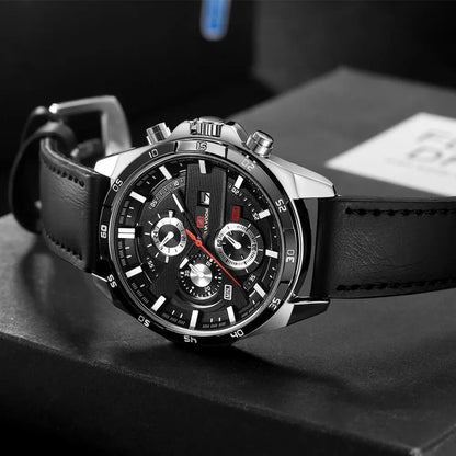 Men's business calendar waterproof quartz watch showing nine colour variants with 10mm thickness