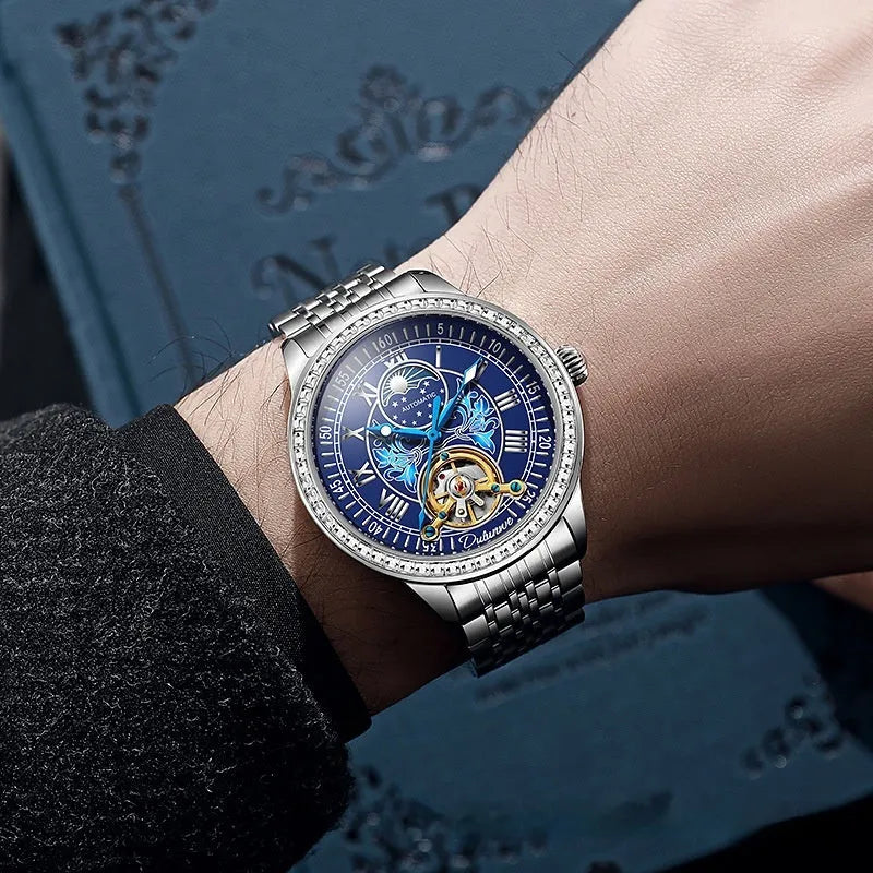 Men's waterproof mechanical watch with stainless steel case, 42mm dial, and butterfly buckle on wrist