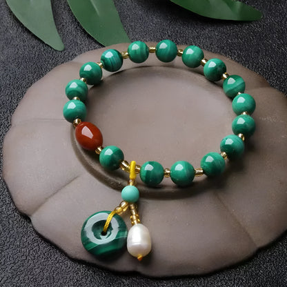 Natural green malachite and red agate barrel bead bracelet for men and women.