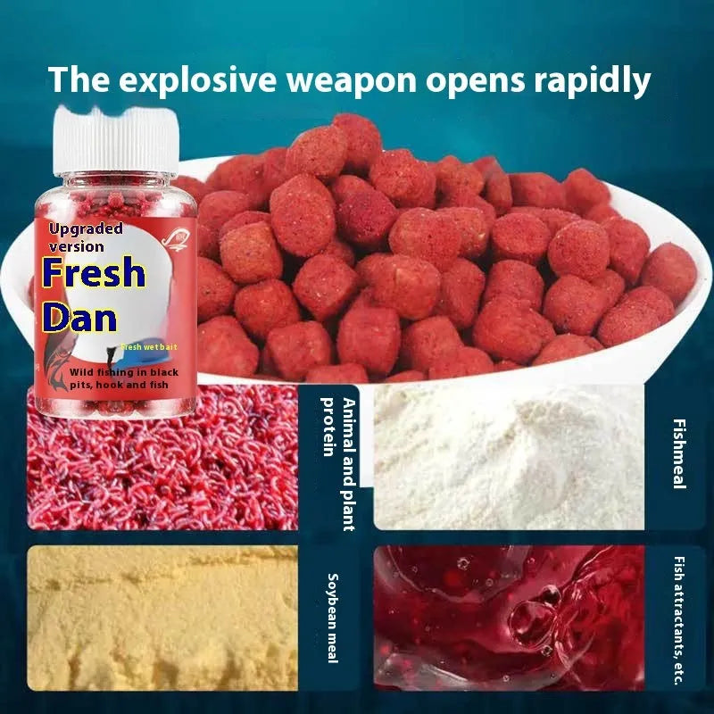 Bottle of grass green lazy particle fishing bait with fresh red pellets for crucian carp