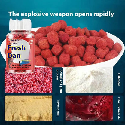 Bottle of grass green lazy particle fishing bait with fresh red pellets for crucian carp