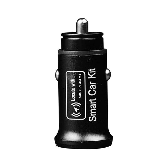 Black car charger locator GPS device with plug for 12V socket, made of ABS plastic