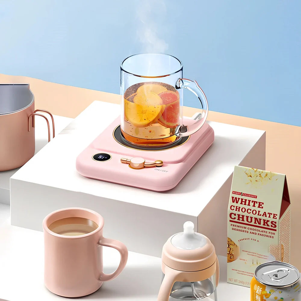 Desktop digital display warming pad with white plated collage surface showing temperature status