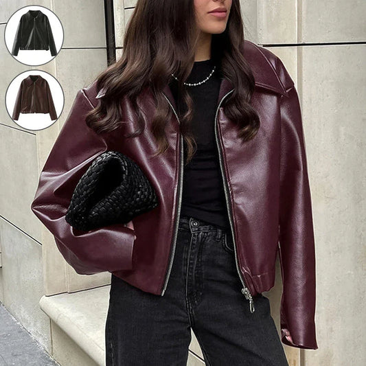Stylish faux leather jacket with zip-up closure and lapel collar, available in burgundy and black colors