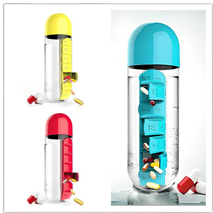 Two-in-one water cup with attached 7-day pill organiser showing daily compartments and screw-top lid