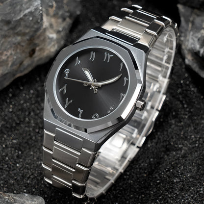 Men's business casual steel belt quartz watch showing 10mm profile and black silver colour option.