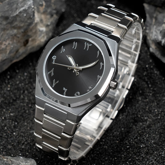 Men's business casual steel belt quartz watch showing 10mm profile and black silver colour option.