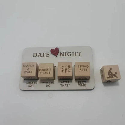 Romantic wooden date night dice set with 5 dice, date planner board, and storage bag for spontaneous couple's activities