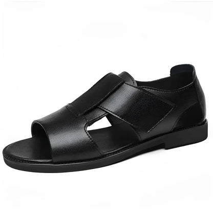Men's black and brown leather casual open-toe sandals with a strapped design and textured rubber sole.