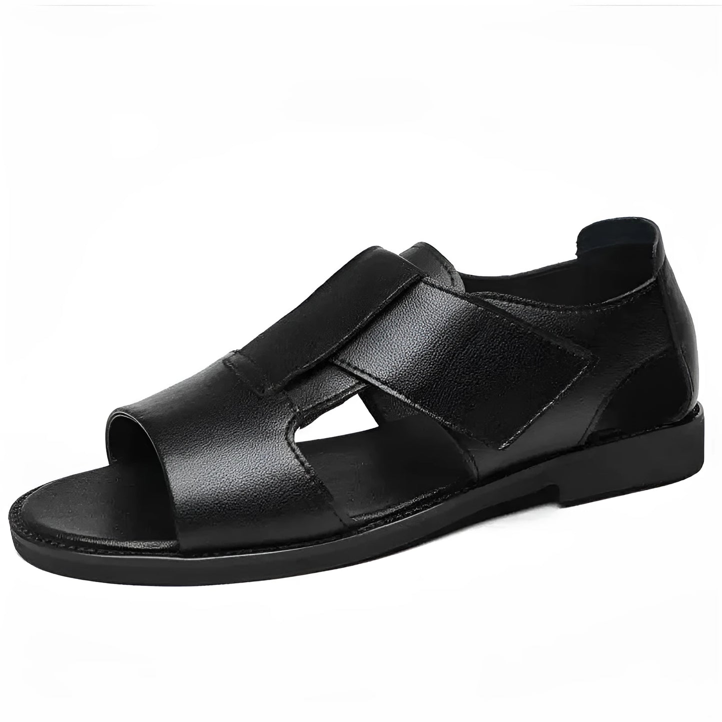 Men's brown leather Roman-style sandals with an open toe and a textured rubber sole on a wooden surface.
