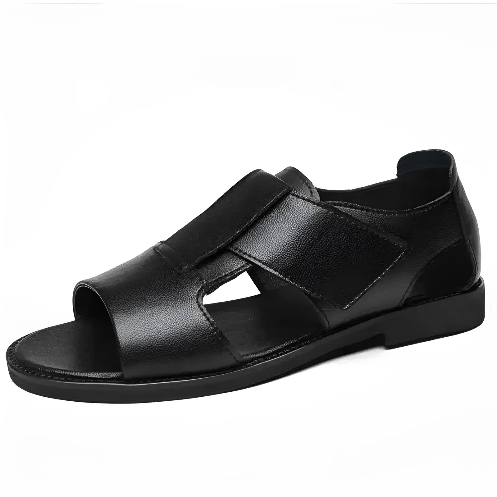 Men's brown leather Roman-style sandals with an open toe and a textured rubber sole on a wooden surface.