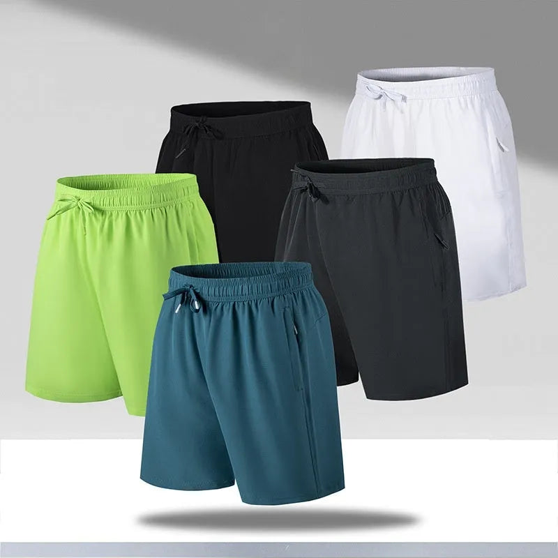 Man wearing black loose-fit ice silk sports shorts with a micro-elastic waistband, suitable for running or casual summer wear.