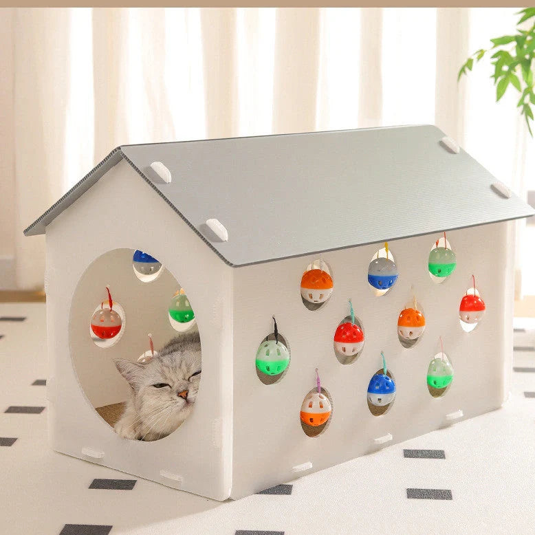 Integrated cat scratch board with attached nest and dangling bell ball toy on 15cm cord